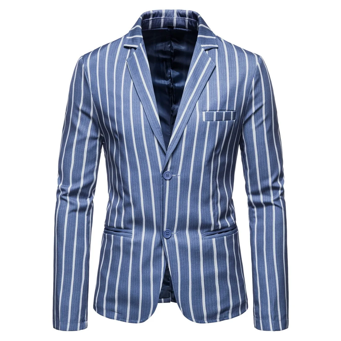 GOHYPDUG Men Casual Large Size Suits Jacket Blue and White Stripes with Two Buttons Mens Formal Jacket Blazer Men Size M-5XL