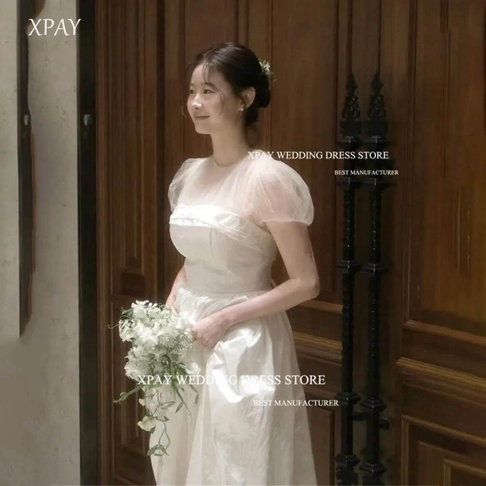 

XPAY Gentle Puff Sleeves O-Neck Korea Wedding Dresses Simple Taffeta A Line Photos Shoot Dress Customized Bride Gown 웨딩드레스