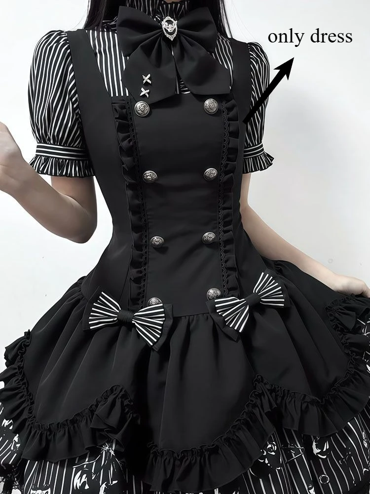 Gotische gestreepte Lolita jurkenset voor dames, met pofmouwen, gestreepte blouse, jarreteljurk, donkerzoete strik, kant, gelaagde prinsessenoutfit