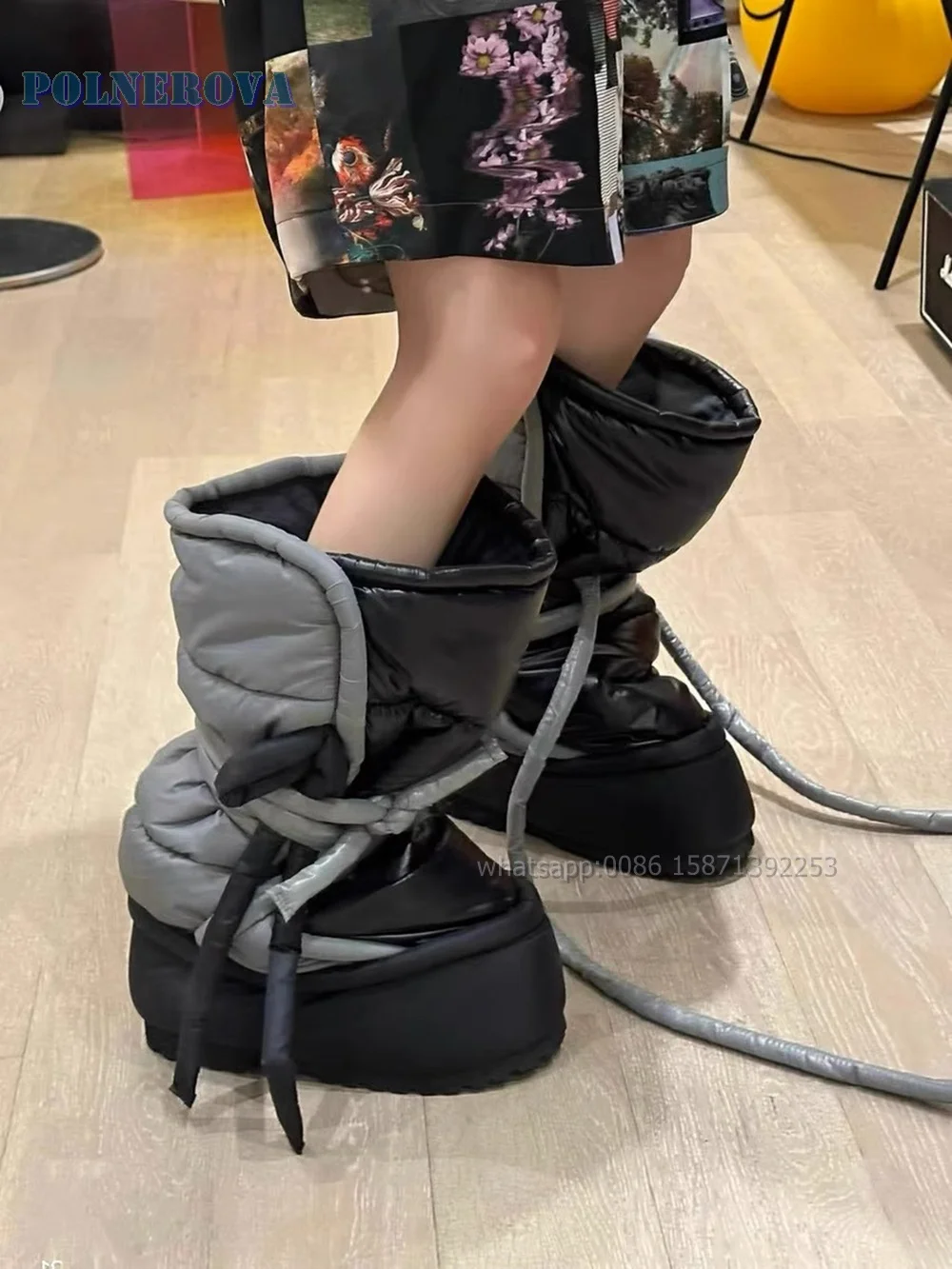 Platform Thick Sole Snow Boots Round Toe Cross Tied Patchwork Knee High Boots Mixed Colors Antiskid Warm Booties 2023 Winter