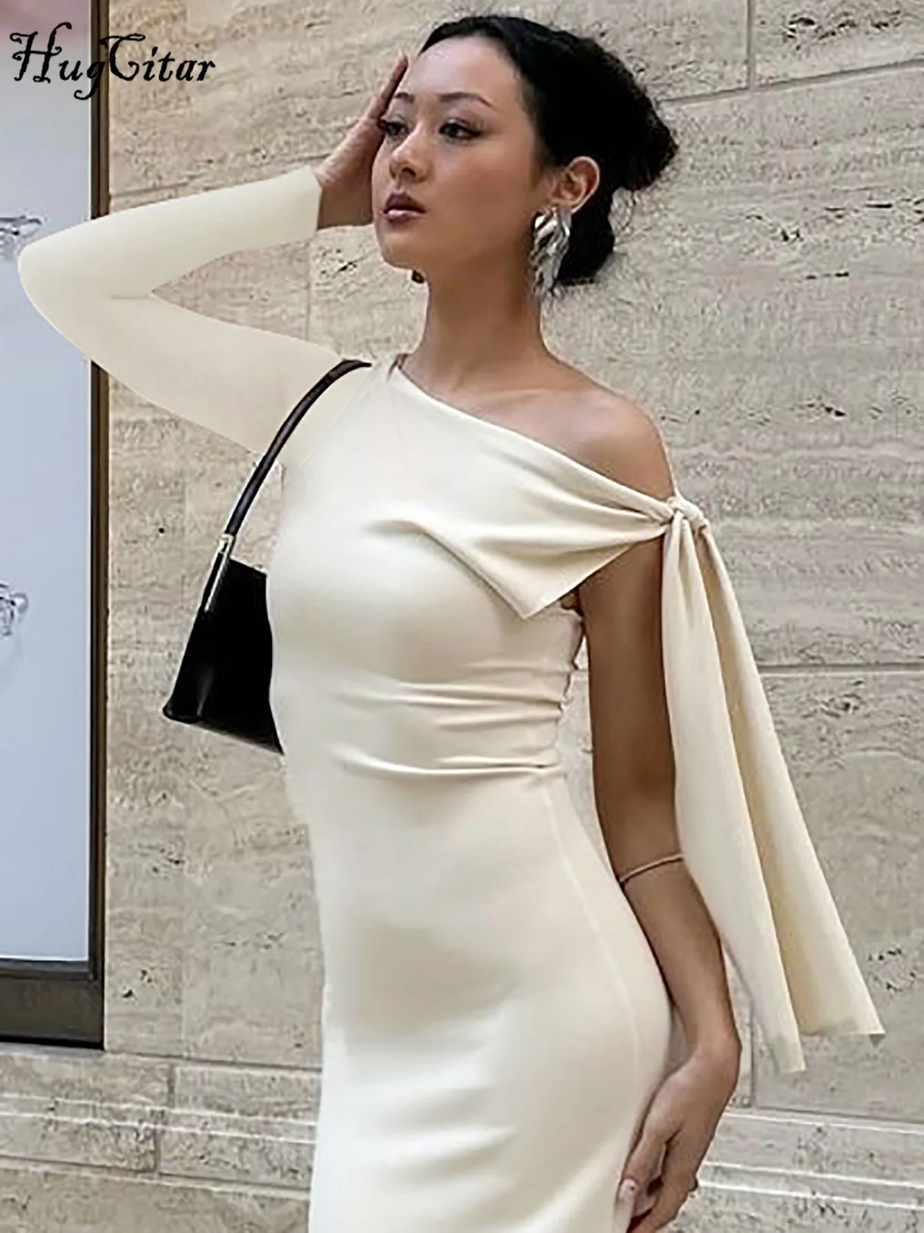 Hugcitar Elegant Solid One Shoulder Long Sleeve Bandage Irregular Sexy Bodycon Mini Dress Women Y2K Outfit Party Festival Club