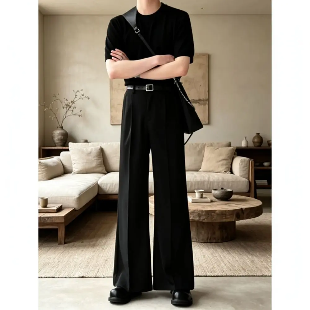Mens Wide Leg Flare Pants Elegant Draped Suit Trousers American Style Black Slim Fit Formal Casual Daily Wear Non Iron