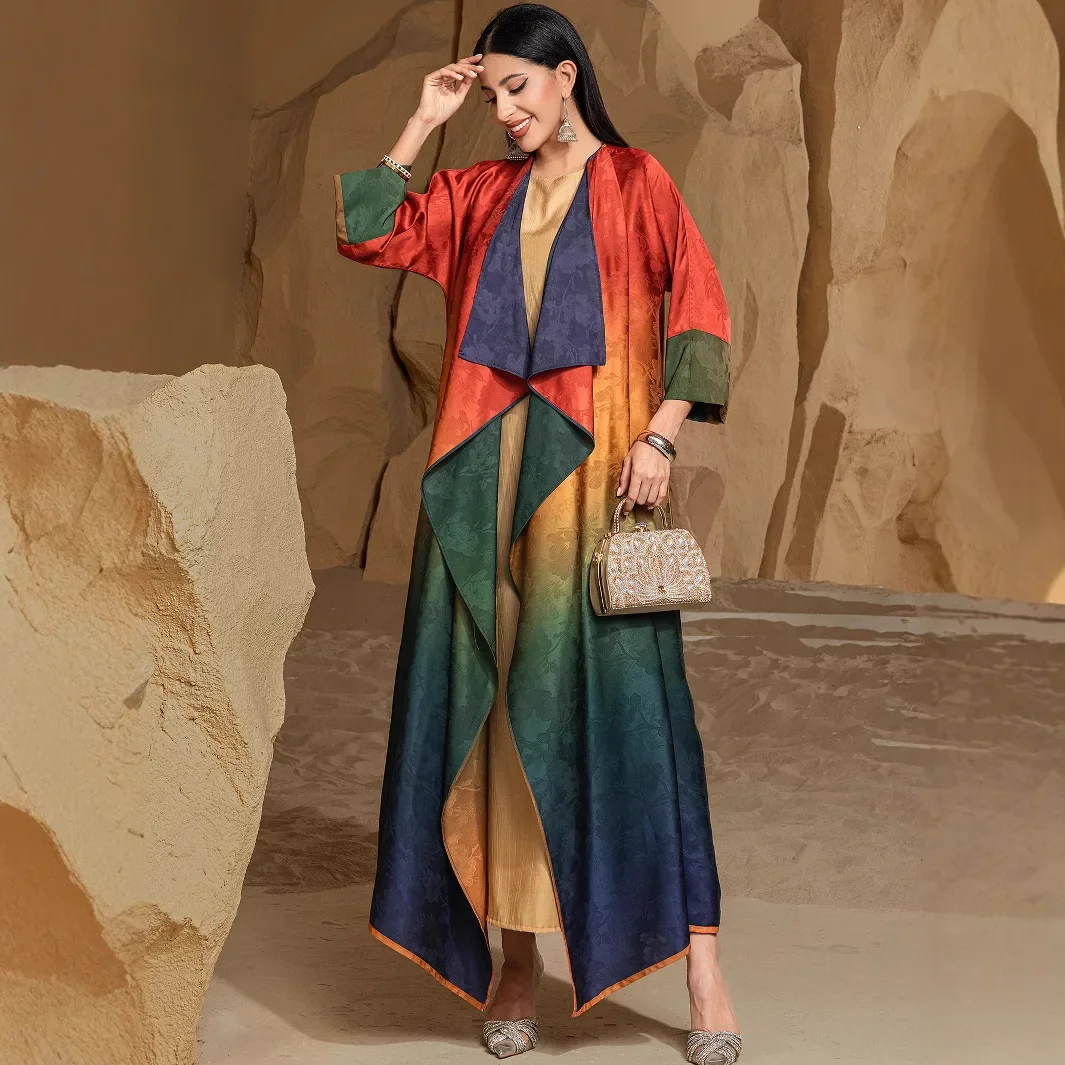 

Двусторонние градиентные атласные открытые абайи для женщин, мусульманское платье, кимоно, кардиган, Дубай, вечерние халат, турецкий кафтан, Ид Джеллаба, Рамадан