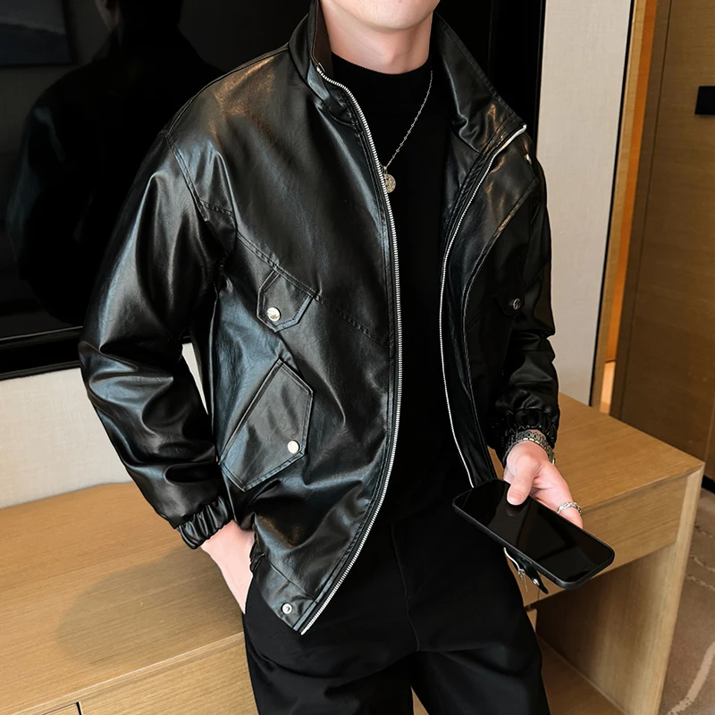 

Autumn New Stand Collar Leather Jackets Men Moto Biker Solid Outwear Coats Male Motorcycle Fashion PU Loose Leather Jacket Coat