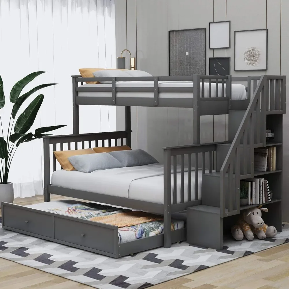 Bunk Bed with Twin Size Trundle, Wooden Bunk Bed with Stairway, Storage and Guard Rail for Kids, Adults