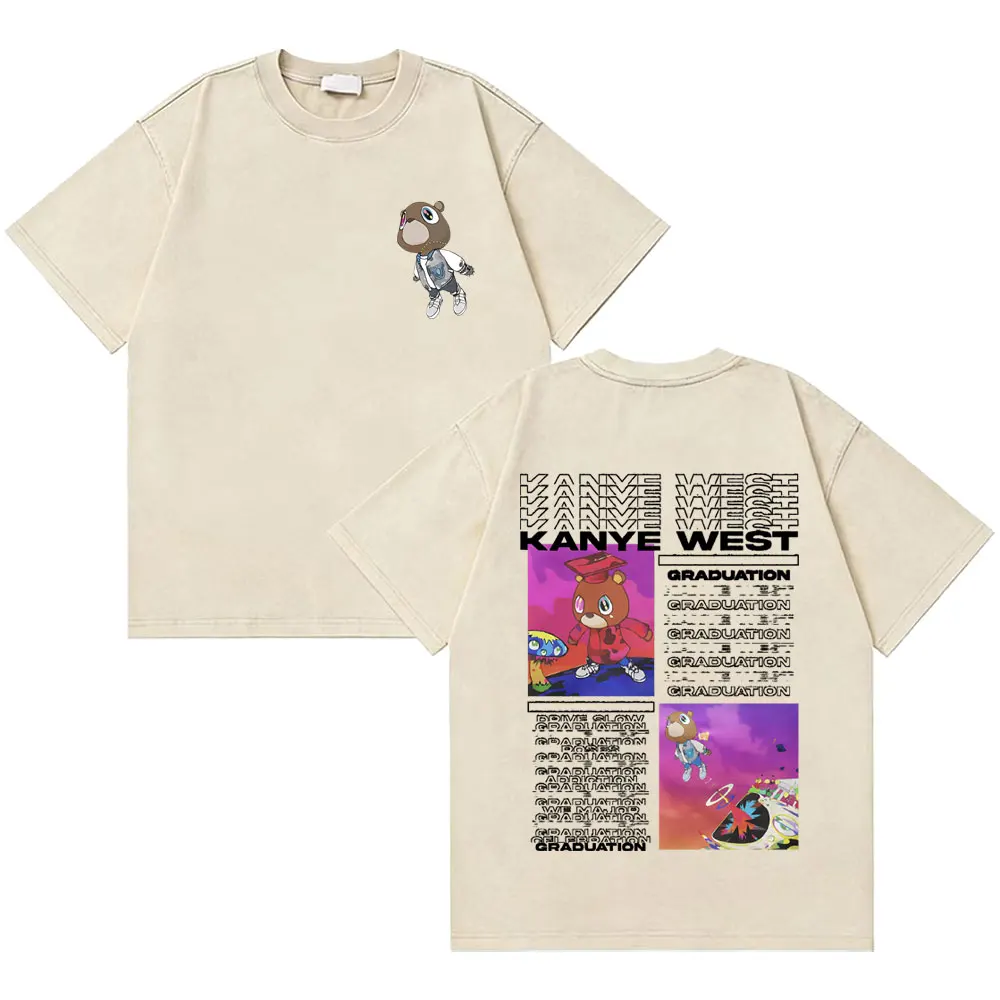 

Washed Vintage Rapper Kanye West Graduation Bear Graphic T-shirt Men Hip Hop Fashion Pop Music T Shirt Male Oversized Streetwear