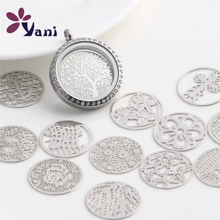 10pcs/Lot Round Rose Flower Butterfly Floating Window Plates Charms Inside 30mm Memory Relicario Locket Necklaces Jewelry Bulk