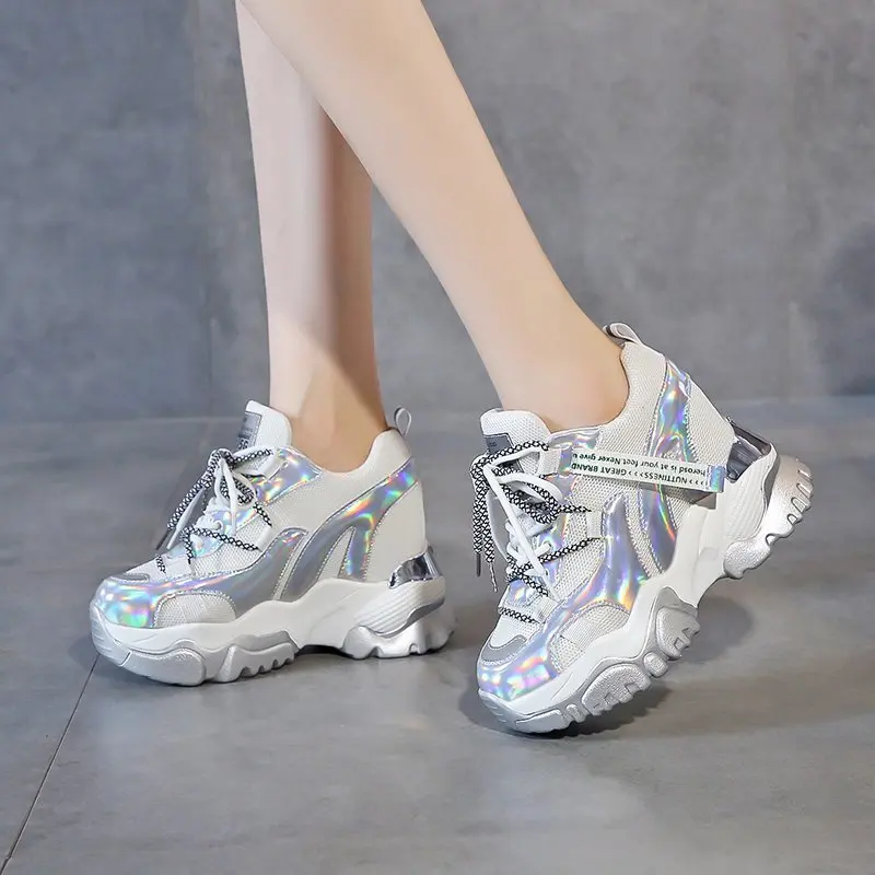 Women Chunky Sneakers High Heel 10 CM Women Autumn Thick Bottom Platform Sneakers Height Increasing Woman Silver Casual Shoes