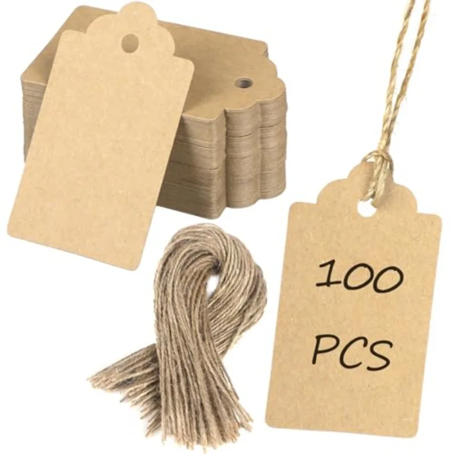 

100 Pcs Kraft Paper Tags with String Writable Brown Price Tags with Jute Twine Hang Tag for DIY Crafts Clothing Christmas Weddi