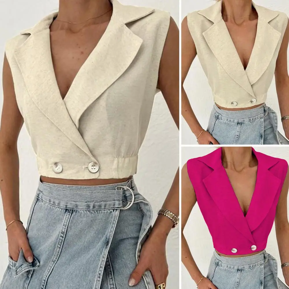 Women Waistcoat Tops Stylish V-neck Cardigan Women's Elastic Hem Cropped Tops with Button Closure Summer Waistcoat Solid Color