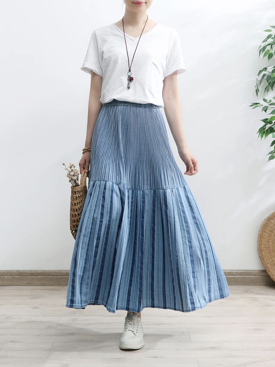 

Free Shipping 2023 New Long Maxi Women Elastic High Waist Spring And Summer Denim Skirt Lady Striped Plated Patchwork