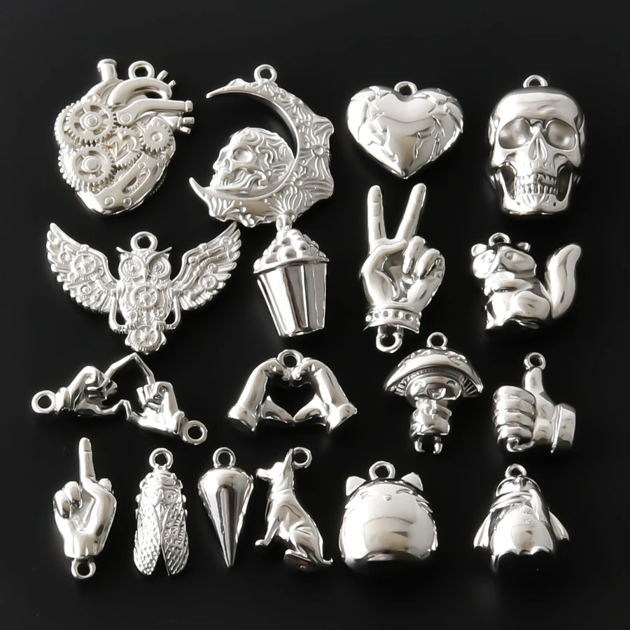 10Pcs Delicate Stainless Steel Pendant Owl Squirrel Dog Charms Originality Mechanical Heart Thumbs Up Pendant DIY Jewelry Making