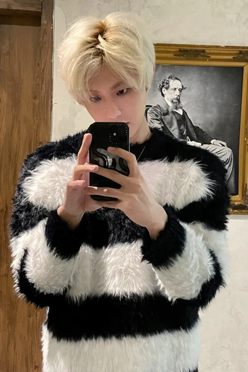 

Мужской зимний вязаный свитер с полосатым узором из пряжи каме, повседневный, с длинным рукавом, круглым вырезом, модный винтажный пуловер в американском стиле