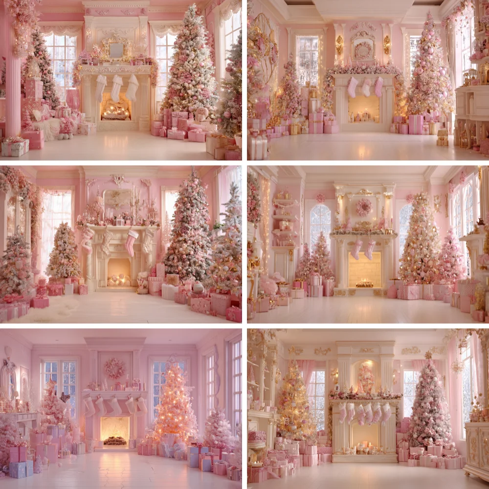 

Pink Christmas Backdrop Xmas Tree Fireplace Gifts Box Photography Background Family Party Baby Shower Banner Decor Photo Studio