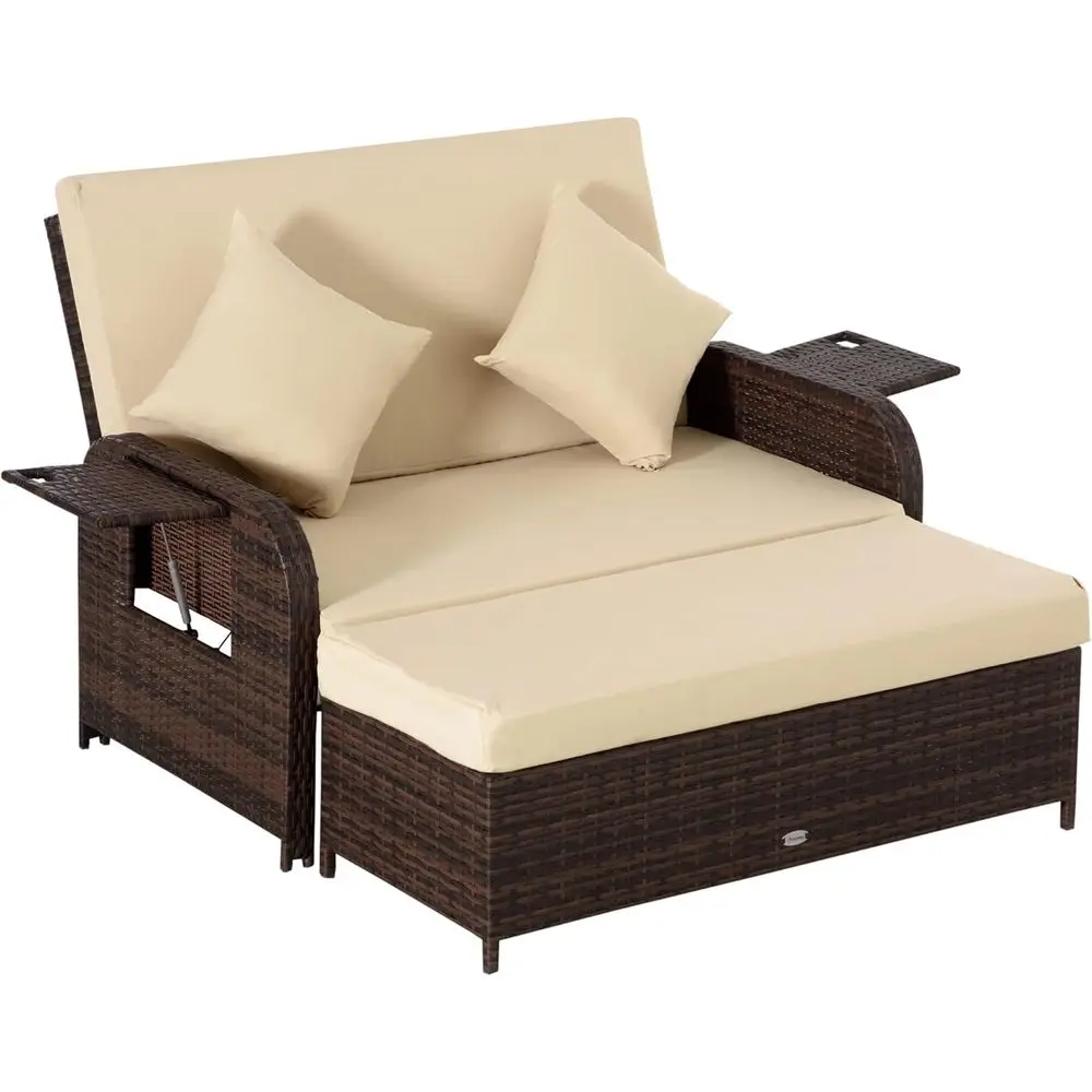 

Beige Outdoor Rattan Daybed Set with Cushions, Loveseat, Ottoman, Coffee and Side Tables for Patio, Poolside, or Backyard