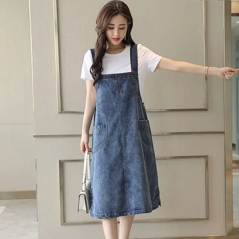 Back-to-School Season BF Women's Student Hong Kong Style Denim Overalls Spring Summer New Loose Casual Mid-Length Dress