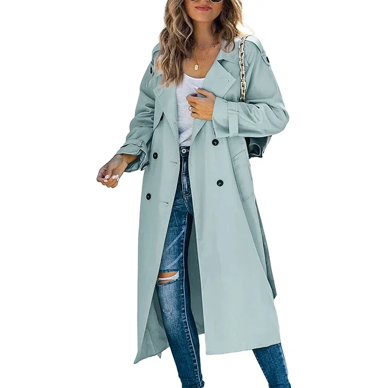 

Women Classic Long Trench Coat Solid Color Double-Breasted Lapel Long Sleeve Windproof Overcoat with Belt Baggy Streetwear