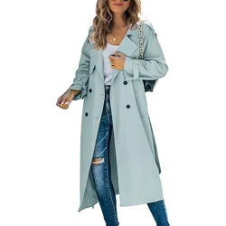 Women Classic Long Trench Coat Solid Color Double-Breasted Lapel Long Sleeve Windproof Overcoat with Belt Baggy Streetwear