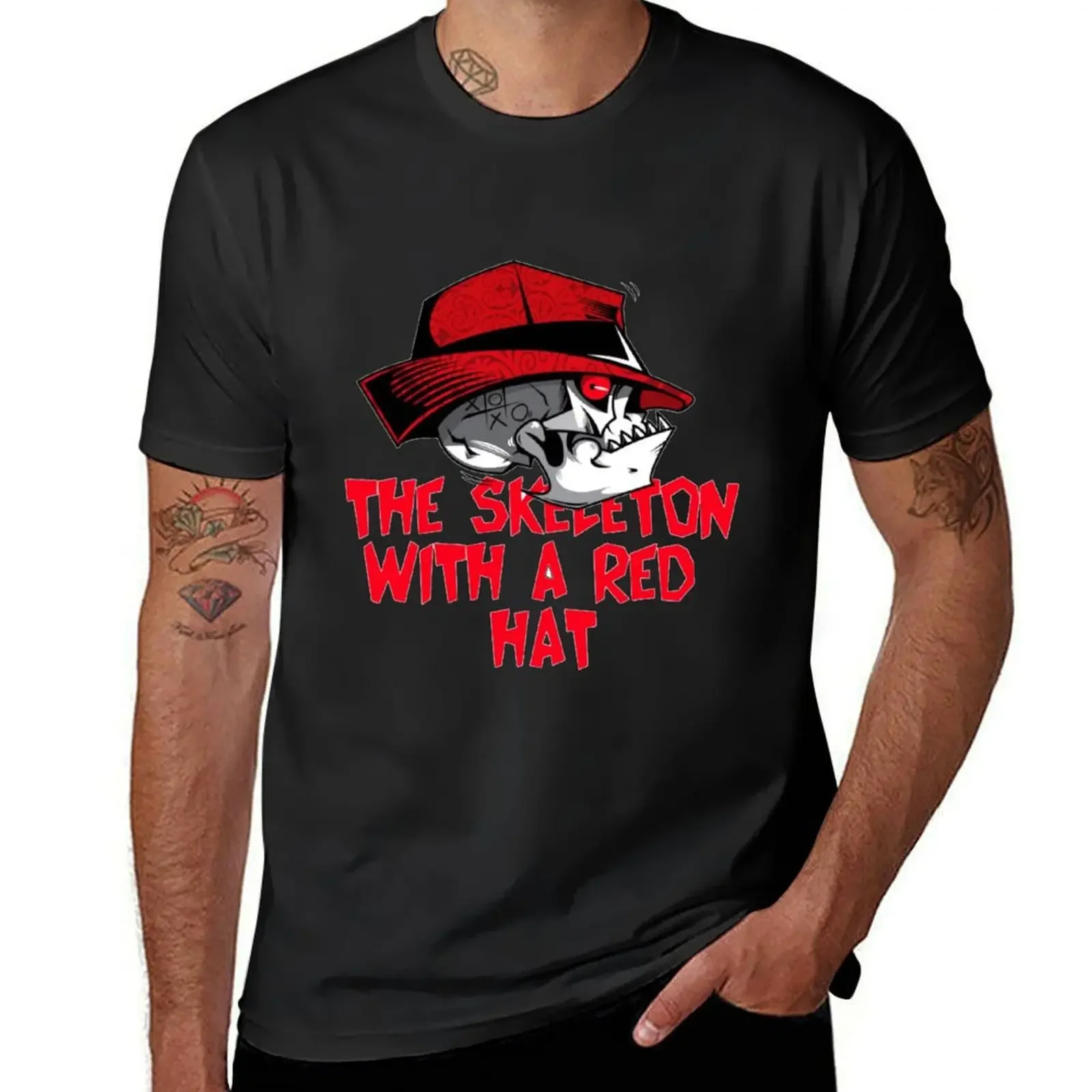 The Skeleton With a Red Hat T-Shirt cotton man t-shirts sweat blacks vintage graphic tee t shirts for men graphic