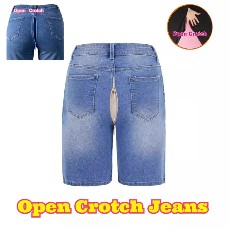 

Open Crotch Women Slim Fit Denim Capri Pant Fashion Stretchy Breathable Casual Daily Street Style Knee Length Denim Bottoms Plus