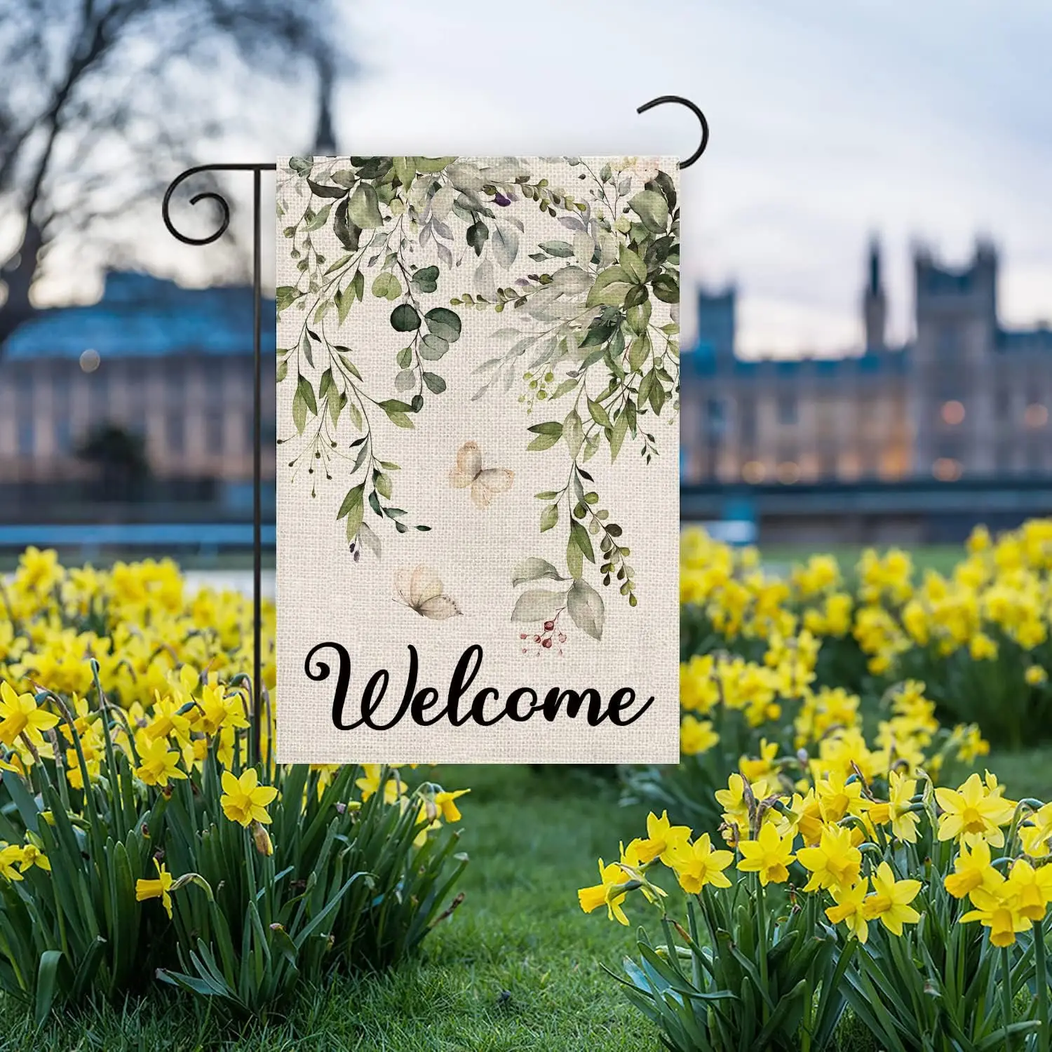 Texupday Welcome Green Plants Floral Butterfly Decoration Double Sided Burlap Garden Flag Spring Summer Seasonal Outdoor Yar KZA