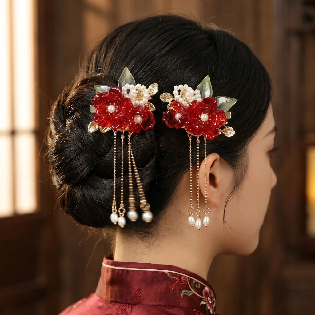 

Red Glass Flower Tassel Hair Clips Pair With Alloy Base And Traditional Chinese Style