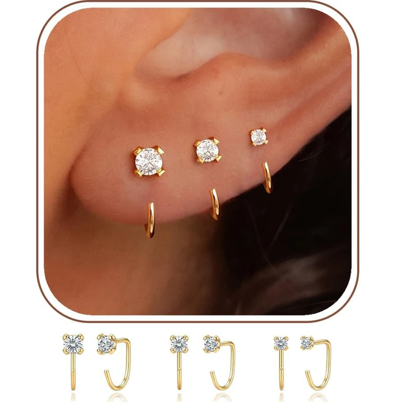 3 Stück/3 Paar rückenfreie Halbkreis-Ohrringe, eng anliegende Creolen für Frauen, 14K vergoldete Huggies für mehrere Piercings, hypoallergen