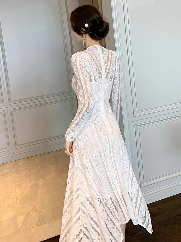 Spring Elegant Sexy Dresses for Women 2023 Black White Perspective Lace Embroidery Long Sleeve Robe Femme Holiday Party Vestidos