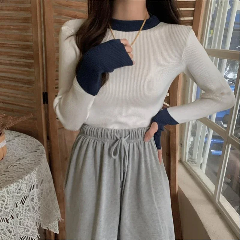 Koreanische Herbst Winter Frauen O-Ausschnitt Kontrast farbe Finger Cots Mode schlanke Langarm Pullover Bottom ing Shirt Strick oberteile