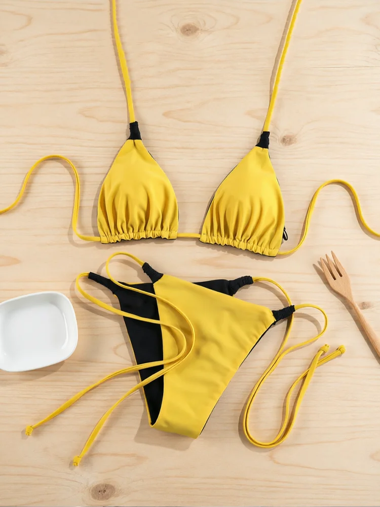 Yellow Bikini String Bikinis Triangle Swimsuits High Cut Swimwear Bandage Swimsuit New Style Swimsuit Two-Piece Beachwear