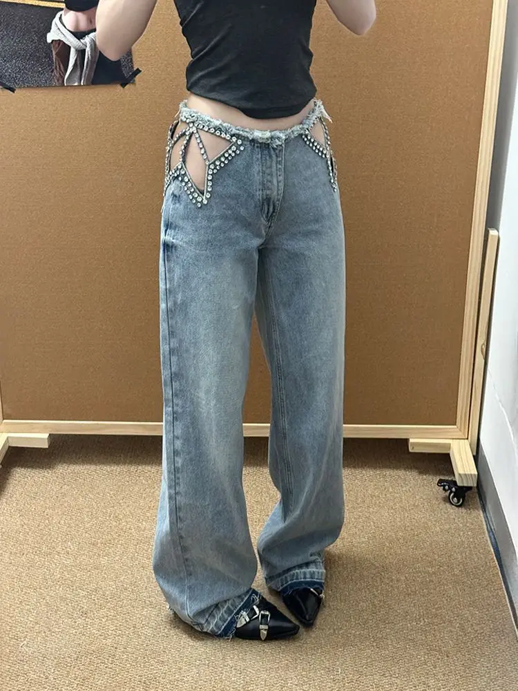 Stylish Hollow Out Rhinestone Denim Pants Women American Style Sexy Low Waist Raw Edge Loose Jeans Spicy Girls Straight Trousers