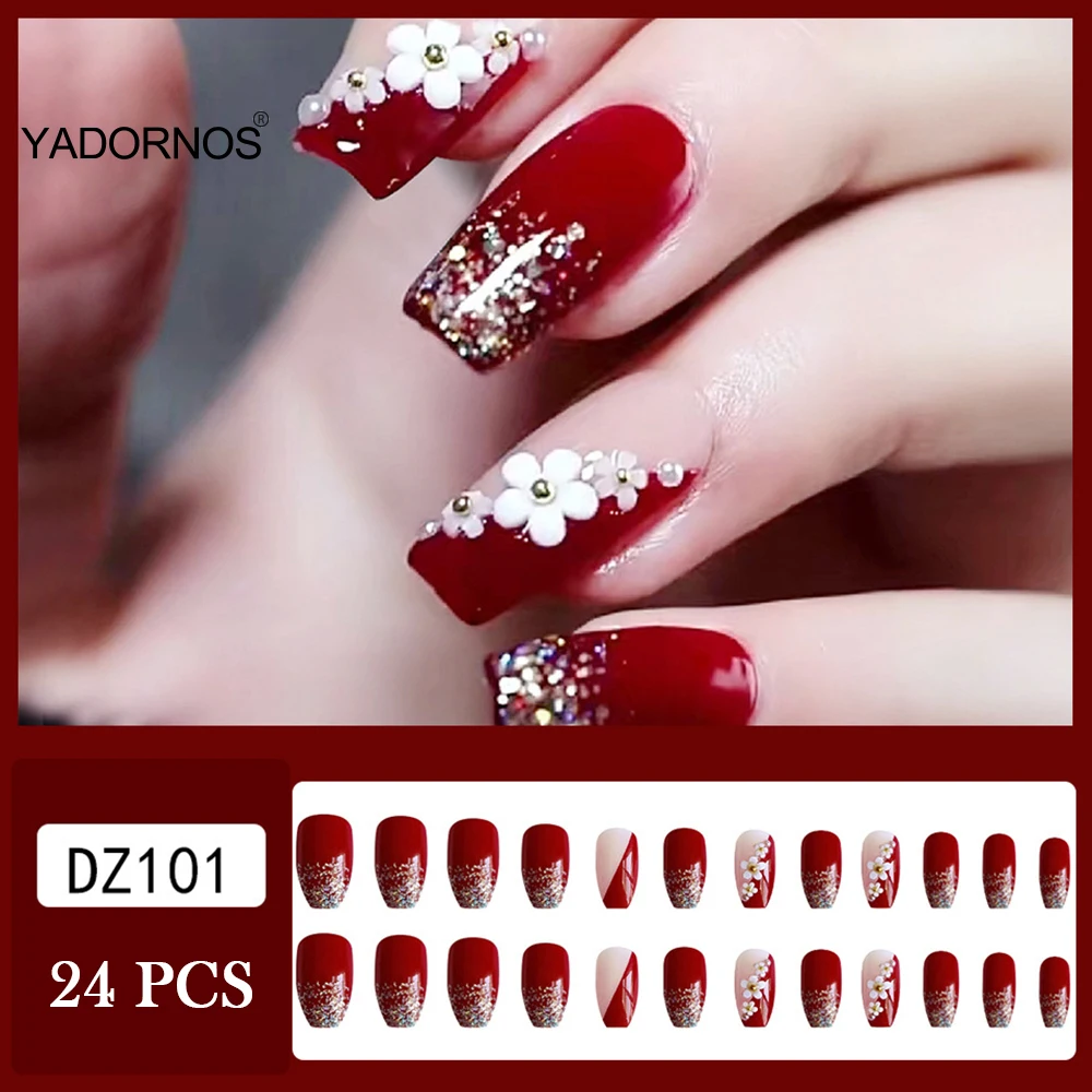 24Pcs Full Cover Fake Nails with 3D White Flower Design Full Cover Press on Fingernails Tips Coffin Head Glitter Red False Nails