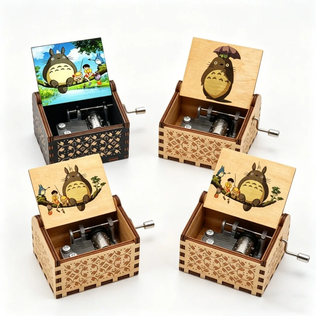 Caja de música de madera con manivela de Mi Vecino Toro, caja de música vintage grabada con anime para colección de fans, regalo de cumpleaños, decoración del hogar