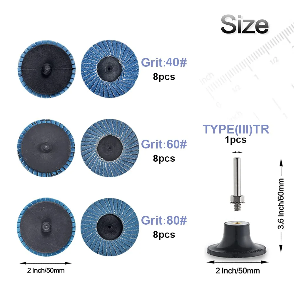 Kit de discos de aleta con bloqueo de rollo de 2 pulgadas y 50MM, 26 Uds. Con soporte de 1/4 ", accesorios para amoladora, muelas planas de circonia para superficie