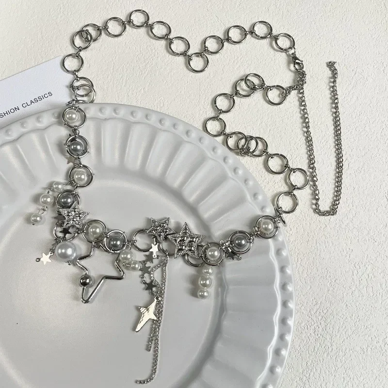 جديد الكورية لامعة حجر الراين ستار الخماسي الخصر سلسلة للنساء بلينغ كريستال اللؤلؤ سلسلة شرابة حزام الجسم سلسلة Y2K مجوهرات #5