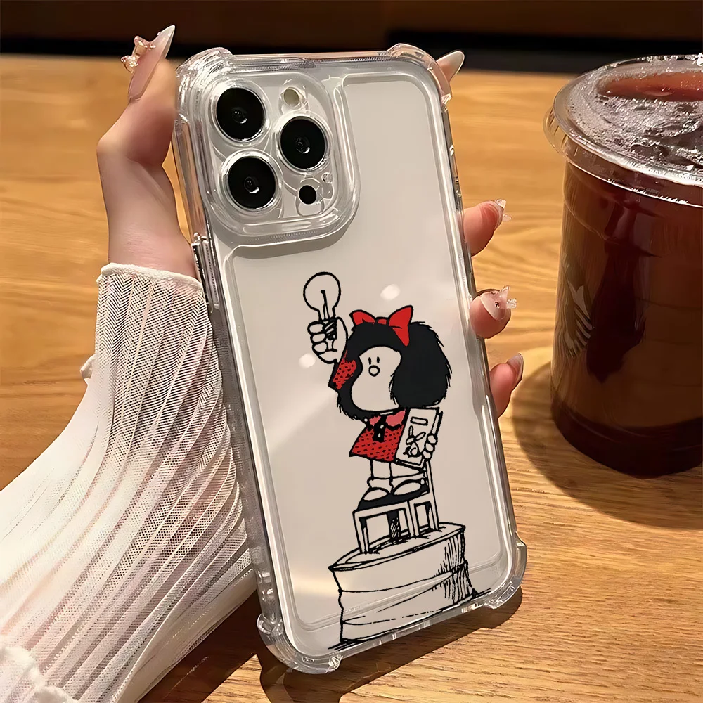 Cute Cartoon Bow Mafaldas Phone Case for IPhone 16 15 14 13 12 11 Mini Pro Max X XR XSMax 7 8 Plus Shockproof Transparent Cover