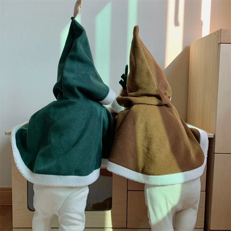 Christmas Winter 0-24M Baby Boys Girls Cloak Coat Warm Baby Cloaks Red/Green Festival Plush Windproof Mantle Hooded poncho