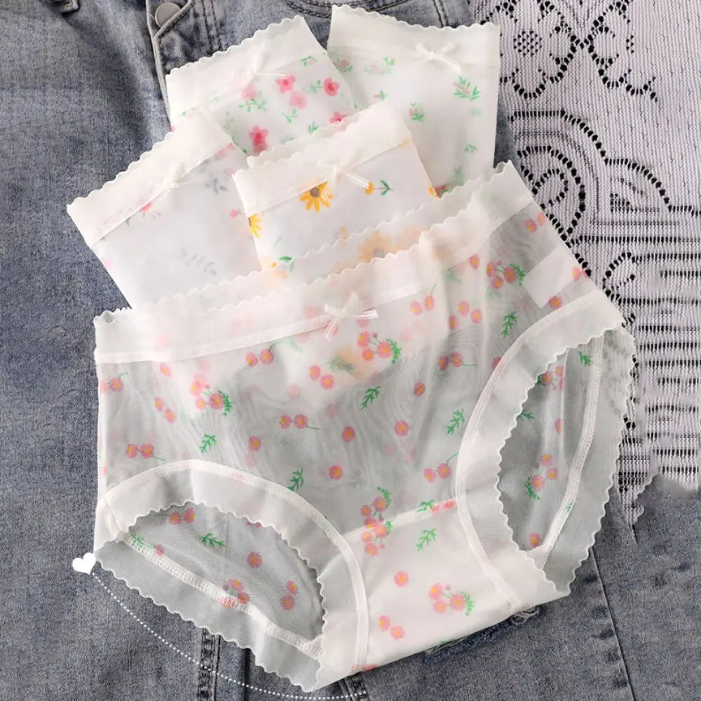 

5PCS Lingerie Ultra-thin Mesh Flower Panties Seamless Mid Waist Transparent Floral Briefs Underpants Underwear for Women Girls