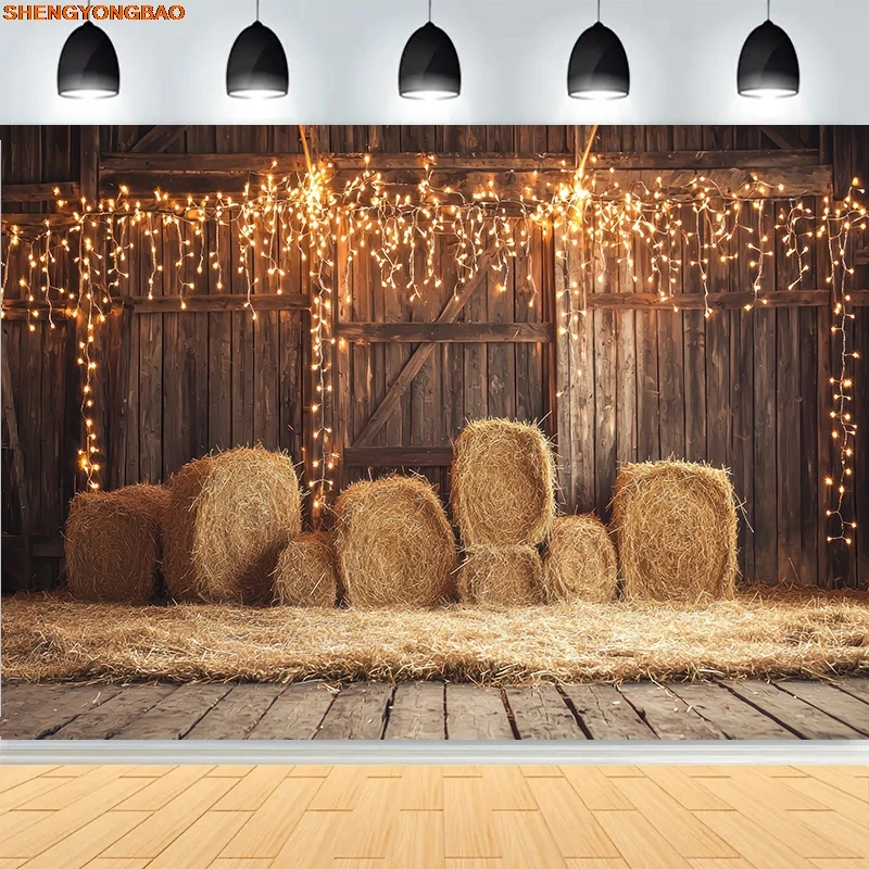 Fondo de fotografía de puerta de Granero rústico, encanto de vaquero occidental del campo, bolas de heno, rueda, velas, fondo de granja, CO-04