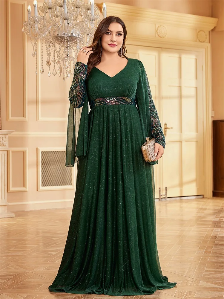 Lucyinlove Plus Size Long Sleeves Sequin Floor Length Green Evening Dress 2024 Sparkle Bling Bling Family Party Cocktail Dress