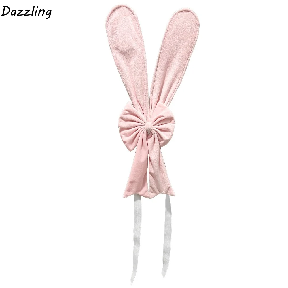 

Elastic Straps Bunny Ear Slipcover Removable Festive Rabbit Ears Chair Back Cover Pink Comfortable Easter Bow Ornaments Birthday