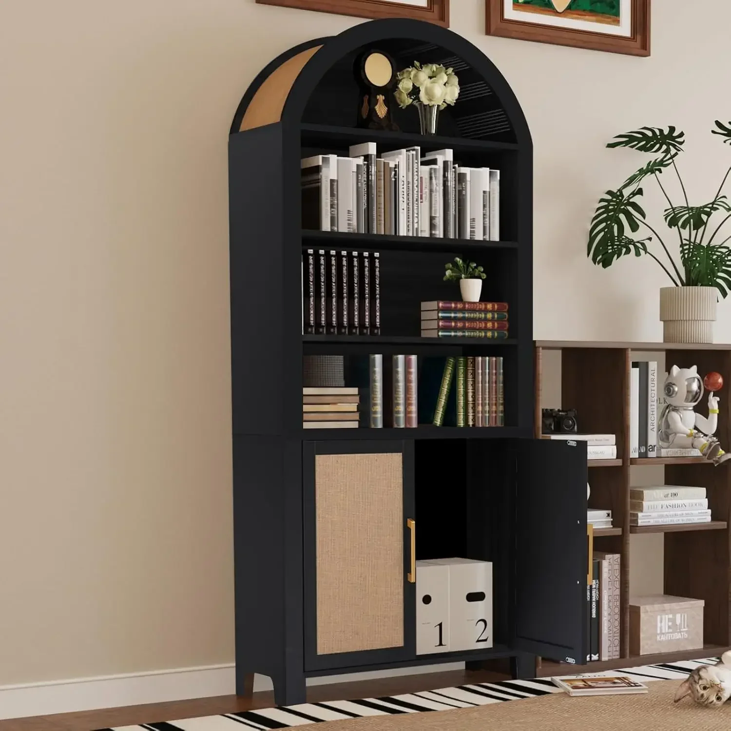 71" hohes gewölbtes Bücherregal mit Stauraum, moderner 6-stufiger gewölbter Schrank mit Tür, bogenförmiger Bücherregalschrank mit offenem Display-Aufbewahrung