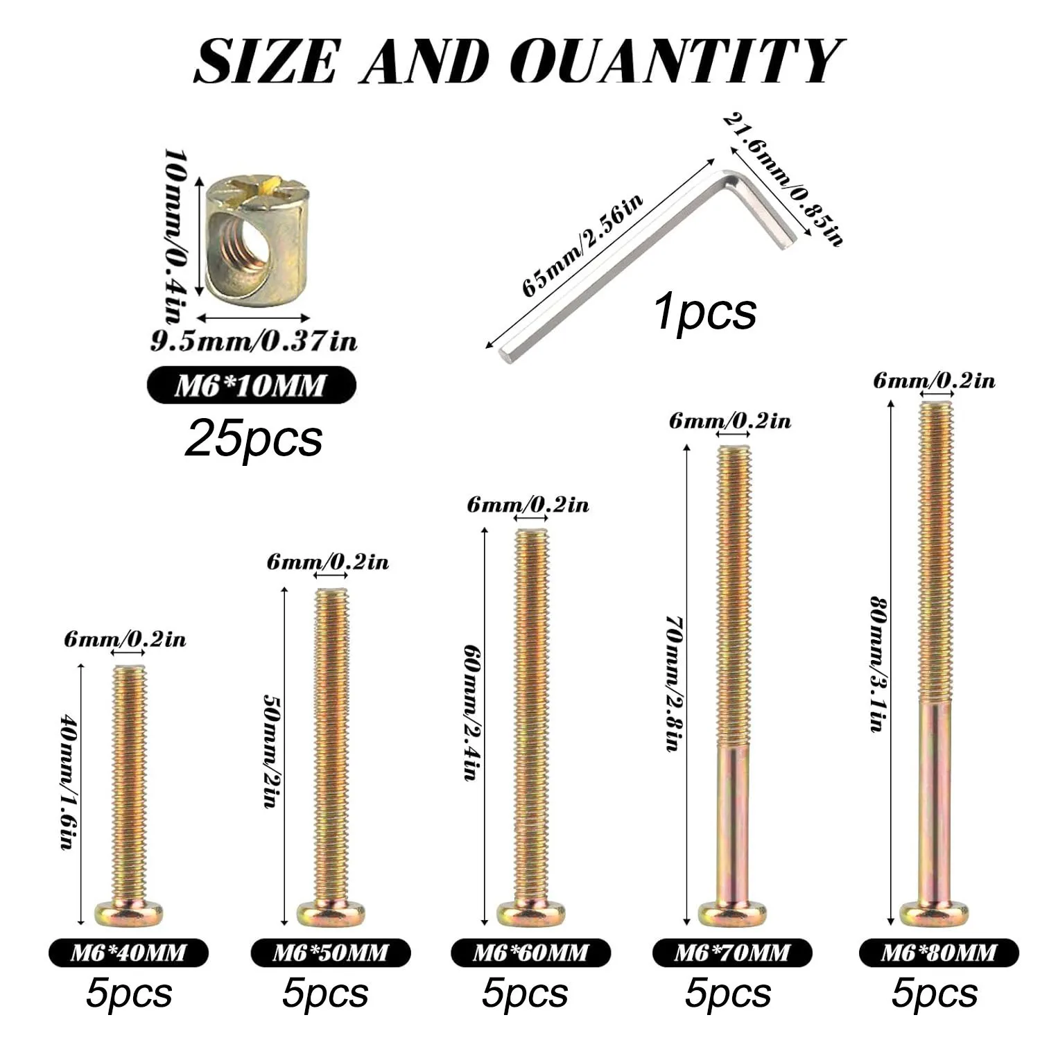 Furniture Bed Screw and Bolt Kit-50-piece set of M6-1.0x40mm/50mm/60mm/70mm/80mm furniture barrel bolts for bunk and single beds