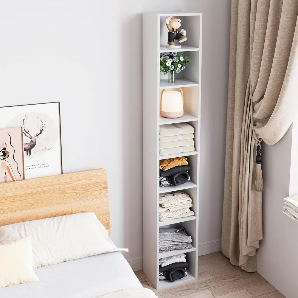 

71 Inches Tall Narrow Bookshelf, 8-Tier CD DVD Slim Media Tower Rack, Corner Bookcase with Adjustable Shelves,