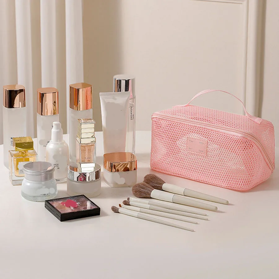 Borsa per trucco portatile in rete di grande capacità con cerniera Custodia per organizer per borsa cosmetica in rete trasparente multistrato quadrata