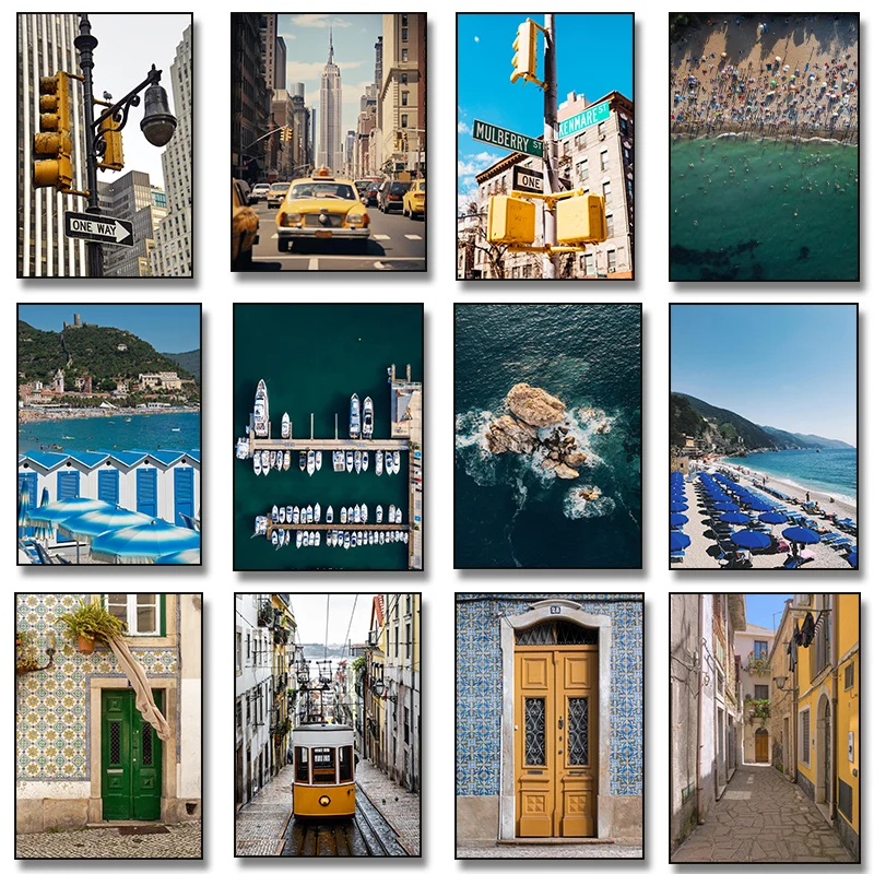 Italia ciudad playa azul Lisboa Nueva York cartel artístico, fotografía minimalista moderna lienzo pintura impresa para sala de estar decoración del hogar