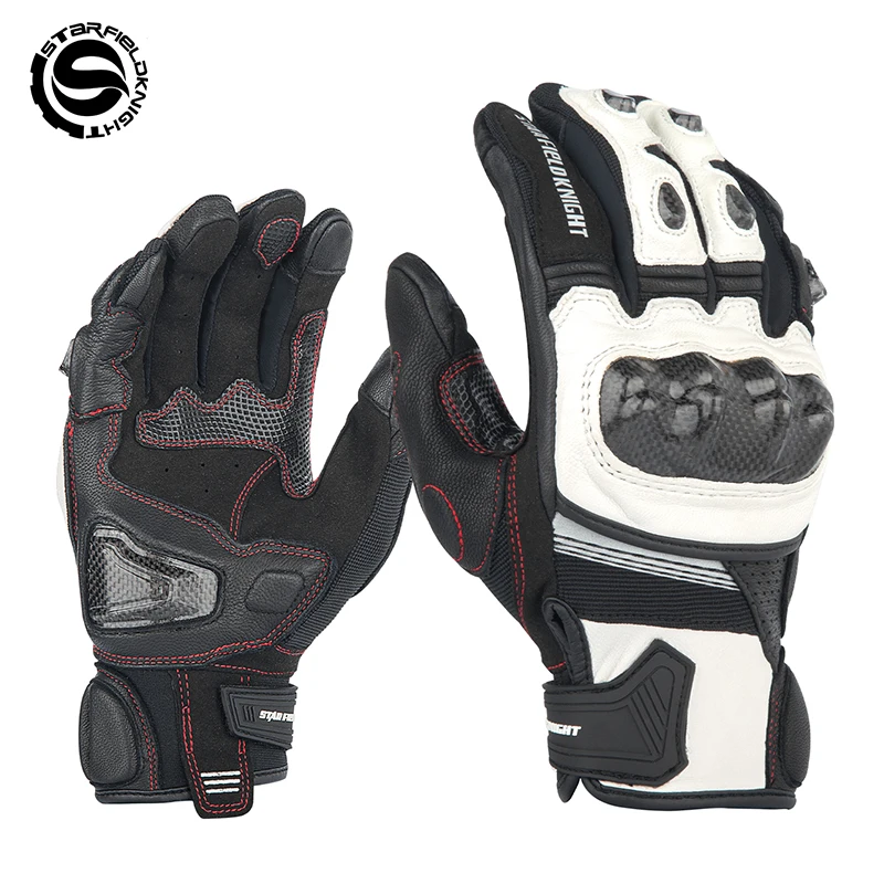sfk-black-white-motorcycle-riding-gloves-real-goat-leather-carbon-fiber-protection-summer-breathable-non-slip-wear-resistant