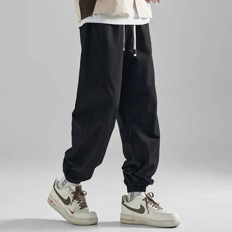 Pantalones Cargo de algodón para hombre, pantalón holgado de Color sólido con bolsillos y cordón en la cintura, informal, a la moda