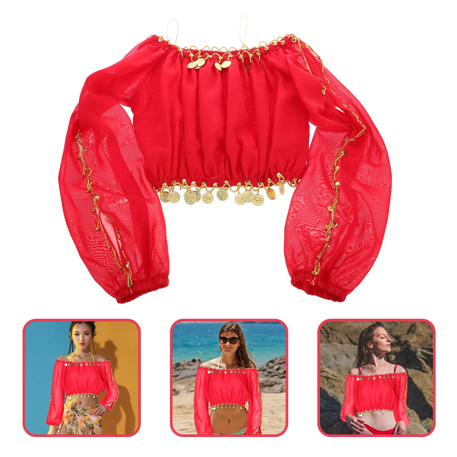 여성용 벨리댄스 상의, 스타일리시한 오프숄더 디자인, 가볍고 통기성 좋은 원단, 댄스 연습 및 무대 공연에 이상적