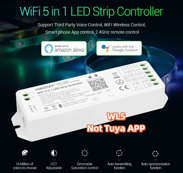 Miboxer WL5 WiFi 5 in 1 WiFi Led Controller For Led Strip Support Tuya or Not Support Tuya App/Third Party Voice App Control